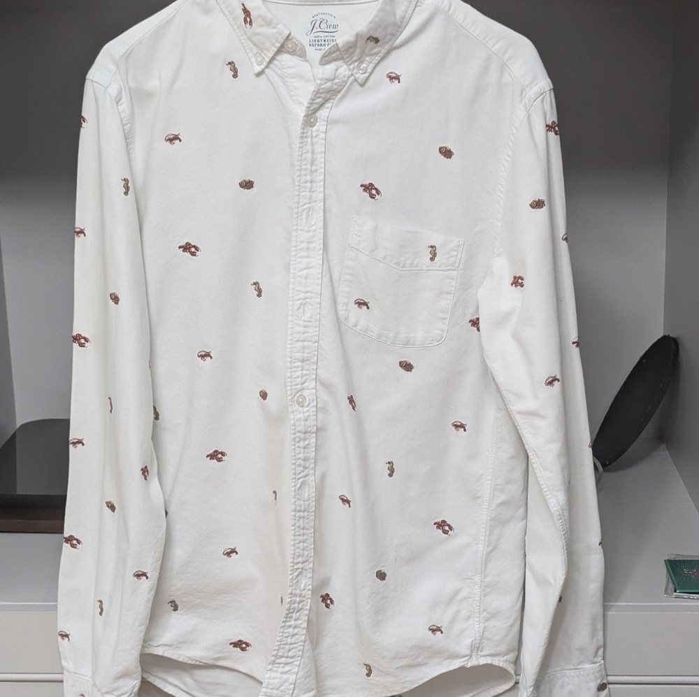 J. Crew White Casual Button Down Shirt with Brown Accents
